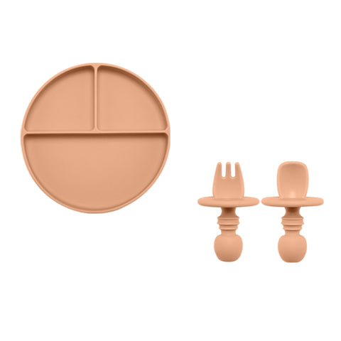 Fashion Solid Silicon Plate Set For Baby Kids Training Feeding Dinnerware Baby Learning Plate Set With Fork Spoon BPA Free