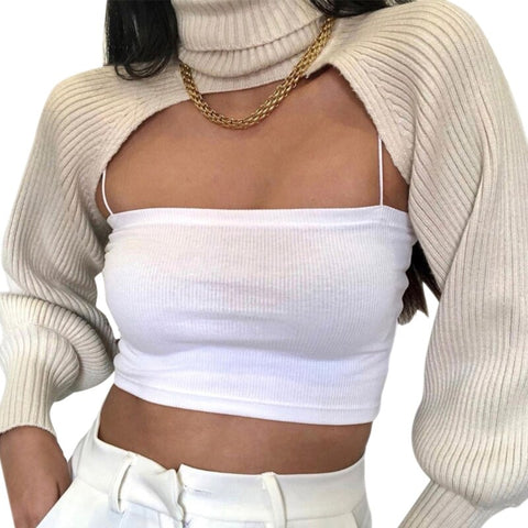 Women Lantern Long Sleeve Sweater Sexy Hollow Out Turtleneck Solid Color Crop Top Ribbed Knit Loose Shrug Cover Up
