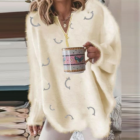 Knitting Women Sweater Sexy V-neck Lace Winter Keep Warm Blouse Fashion Beading Love Smiley Printed Autumn Ladies Loose Sweaters