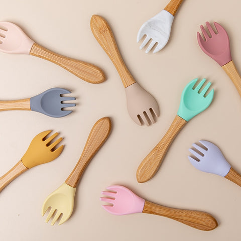 Baby Fork Spoon Silicone Wooden Feeding Spoon Soft Tip Fork BPA Free Food Grade Materia Bamboo Handle Toddlers Gifts