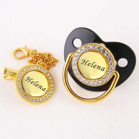 0-18 Months BPA Free Customized Any Name Personalized Golden Bling Pacifier And Clip Luxury Baby Pacifier For Baby Shower Gift