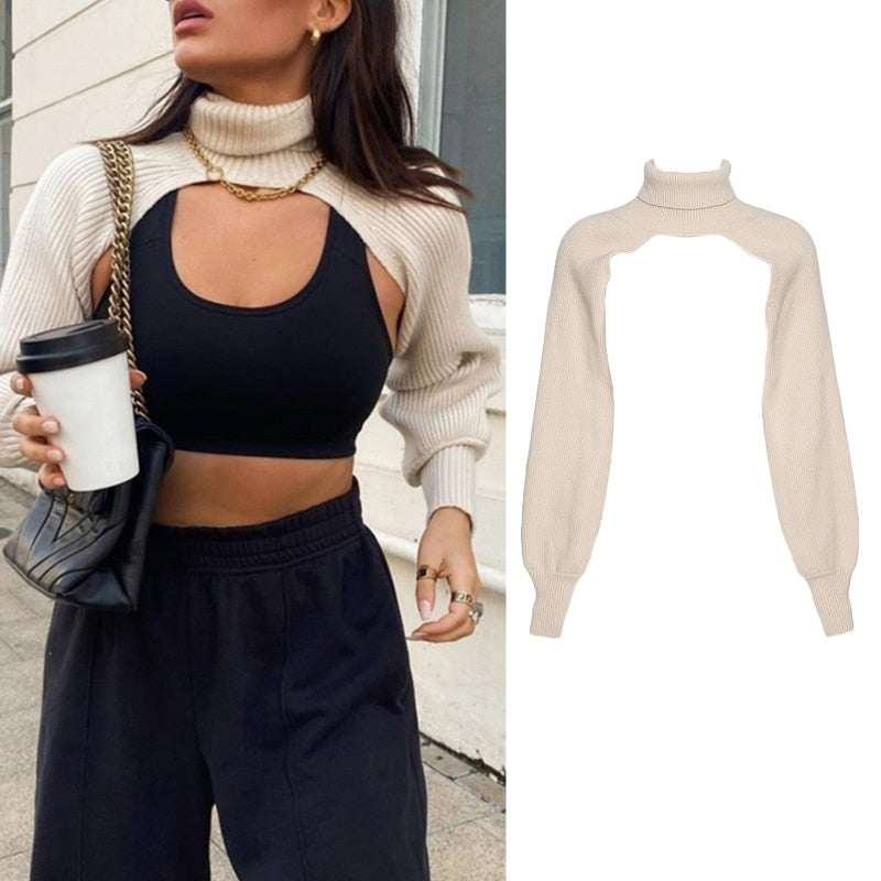 Women Lantern Long Sleeve Sweater Sexy Hollow Out Turtleneck Solid Color Crop Top Ribbed Knit Loose Shrug Cover Up