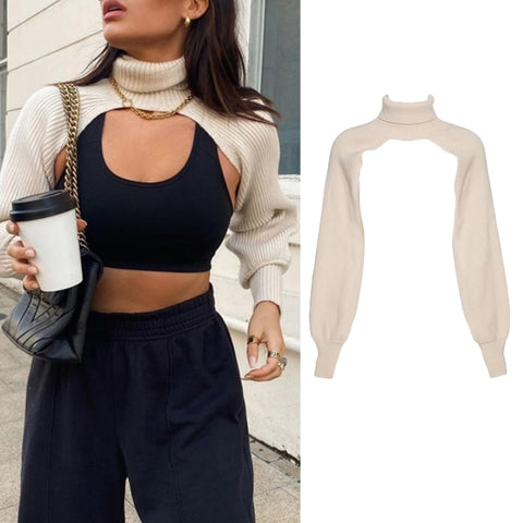 Women Lantern Long Sleeve Sweater Sexy Hollow Out Turtleneck Solid Color Crop Top Ribbed Knit Loose Shrug Cover Up