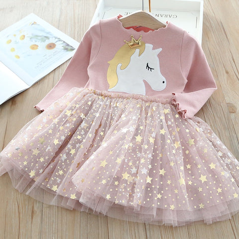 Baby Girl Cute Unicorn Dresses Spring Thin Style Knitted Girls Dress Christmas Party Star Mesh Princess Dress Children Clothing