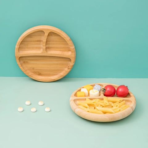 Baby Dinner Plate Baby Feeding Bowl Wooden Kids Feeding Dinnerware With Silicone Suction Cup Wooden Fork Spoon Children&#39;s Dishes