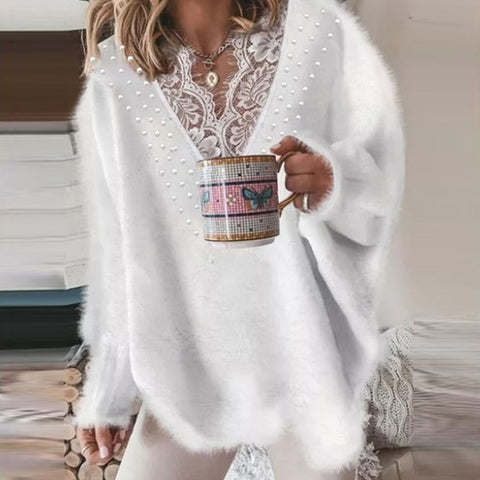 Knitting Women Sweater Sexy V-neck Lace Winter Keep Warm Blouse Fashion Beading Love Smiley Printed Autumn Ladies Loose Sweaters