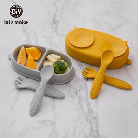 Let&#39;s Make Silicone Baby Feeding Set Waterproof Spoon Fork Non-Slip Feedings Tableware Baby Products Dinnerware For Kid BPA Free