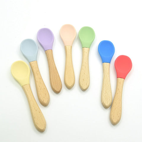 Baby Silicone Feeding Dinnerware Wooden Spoon Suction Bowl Baby Plate Kids Toddler Assist Set BPA Free High Quality Silicone