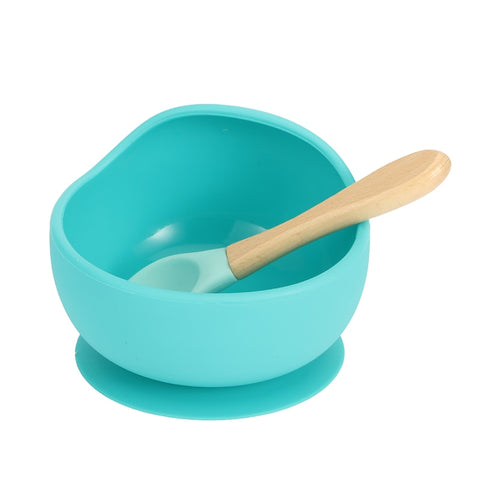 Baby Silicone Feeding Dinnerware Wooden Spoon Suction Bowl Baby Plate Kids Toddler Assist Set BPA Free High Quality Silicone