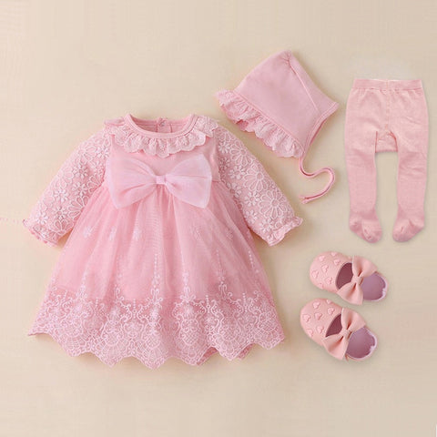 2022 Infant Christening Dress Newborn Baby Girl Dresses&amp;Clothes Princess 0 3 6 12 Months Baby Baptism Dress Shoes Tights