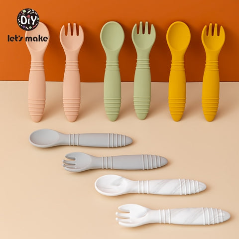 Let&#39;s Make Silicone Baby Feeding Set Waterproof Spoon Fork Non-Slip Feedings Tableware Baby Products Dinnerware For Kid BPA Free