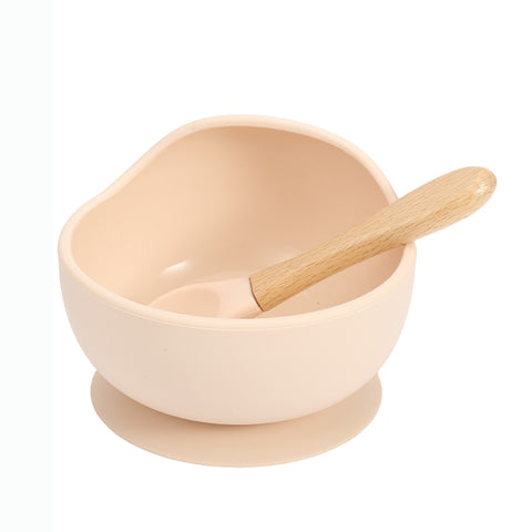 Baby Silicone Feeding Dinnerware Wooden Spoon Suction Bowl Baby Plate Kids Toddler Assist Set BPA Free High Quality Silicone