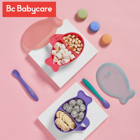 BC Babycare Baby Portable Divided Feeding Bowl with Matching Spoon Infant Toddles Food Lunch Box Double Slots Baby Feeding Bowl
