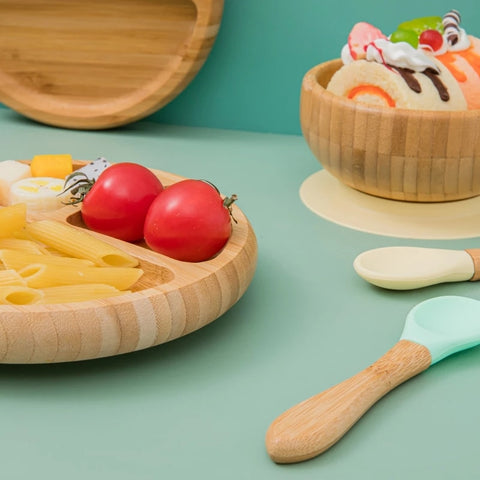 Baby Dinner Plate Baby Feeding Bowl Wooden Kids Feeding Dinnerware With Silicone Suction Cup Wooden Fork Spoon Children&#39;s Dishes