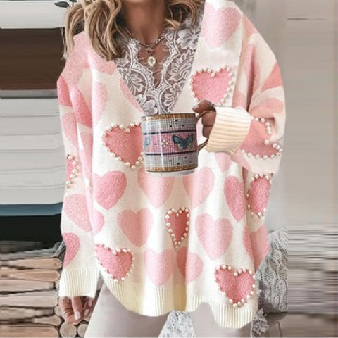 Knitting Women Sweater Sexy V-neck Lace Winter Keep Warm Blouse Fashion Beading Love Smiley Printed Autumn Ladies Loose Sweaters