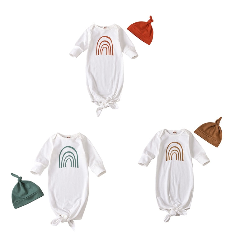 3Styles 0-6M Infant Sleeping Bag Set Summer Autumn Baby Girl Boys Sweet Cartoon Rainbow Printing Sleeping Sack + Solid Color Hat