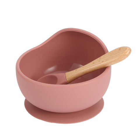 Baby Silicone Feeding Dinnerware Wooden Spoon Suction Bowl Baby Plate Kids Toddler Assist Set BPA Free High Quality Silicone