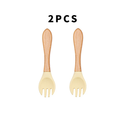 Baby Fork Spoon Silicone Wooden Feeding Spoon Soft Tip Fork BPA Free Food Grade Materia Bamboo Handle Toddlers Gifts