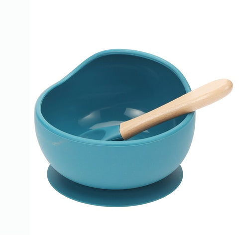 Baby Silicone Feeding Dinnerware Wooden Spoon Suction Bowl Baby Plate Kids Toddler Assist Set BPA Free High Quality Silicone