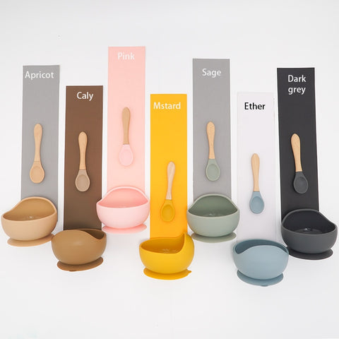 New Colors Feeding Set Food Grade Silicone Baby Bowl Set Non-silp Suction Bowl Spoon Kids Dinnerware BPA Free Tableware Dropship