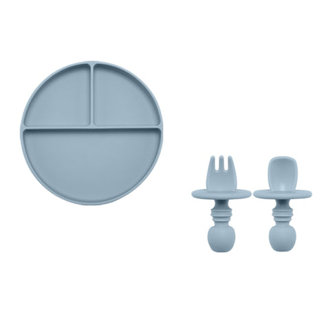 Fashion Solid Silicon Plate Set For Baby Kids Training Feeding Dinnerware Baby Learning Plate Set With Fork Spoon BPA Free
