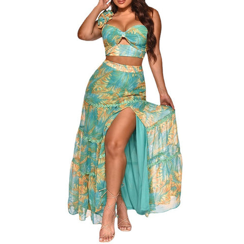 Summer New Women Sexy Slim Two Piece Set Off Shoulder Split Floral Print Crop Tops And Long Skirt Suit Lady Elegant 2 Piece Sets