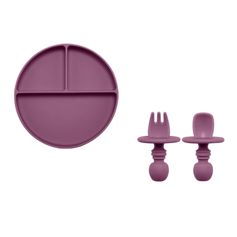 Fashion Solid Silicon Plate Set For Baby Kids Training Feeding Dinnerware Baby Learning Plate Set With Fork Spoon BPA Free