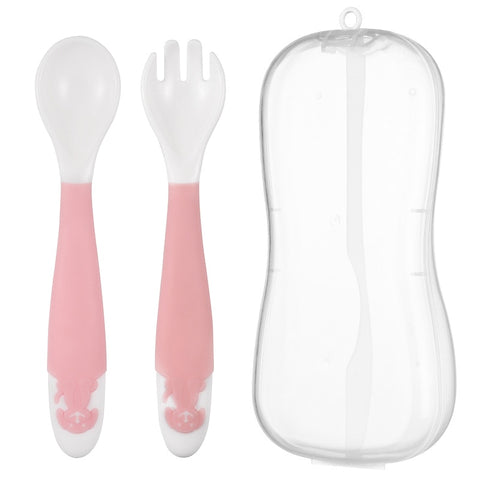 2Pcs Bendable Baby Spoon Fork Set Baby Toddler Infant Learning Tableware Flatware Utensils Baby Kids Cutlery with Storage Box