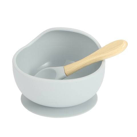 Baby Silicone Feeding Dinnerware Wooden Spoon Suction Bowl Baby Plate Kids Toddler Assist Set BPA Free High Quality Silicone