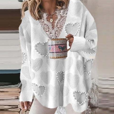 Knitting Women Sweater Sexy V-neck Lace Winter Keep Warm Blouse Fashion Beading Love Smiley Printed Autumn Ladies Loose Sweaters