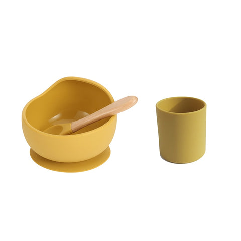 Baby Silicone Dinnerware Silicone Feeding Set Soft Cups BPA Free Wooden Spoon Kids Toddler Suction Bowl Food Grade Tableware