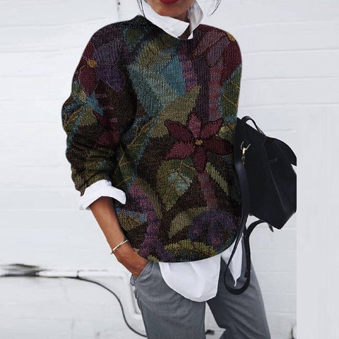 Vintage Print Loose Top Casual O Neck Long Sleeve Women Blouse 2021 Autumn Winter New Fashion Elegant Knitting Blouses Plus Size