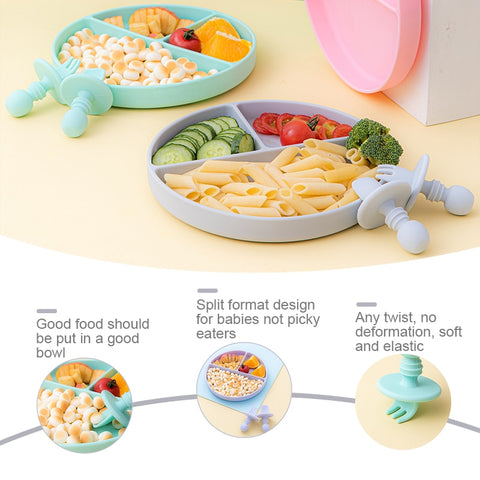 Fashion Solid Silicon Plate Set For Baby Kids Training Feeding Dinnerware Baby Learning Plate Set With Fork Spoon BPA Free