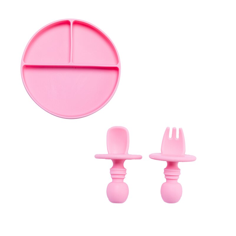 Fashion Solid Silicon Plate Set For Baby Kids Training Feeding Dinnerware Baby Learning Plate Set With Fork Spoon BPA Free