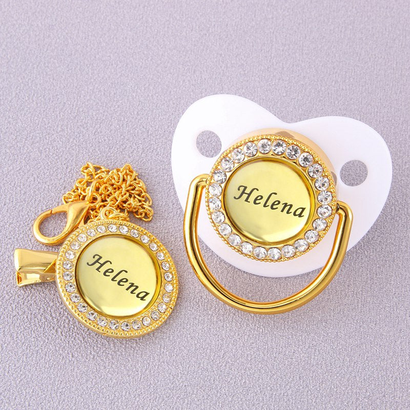 0-18 Months BPA Free Customized Any Name Personalized Golden Bling Pacifier And Clip Luxury Baby Pacifier For Baby Shower Gift
