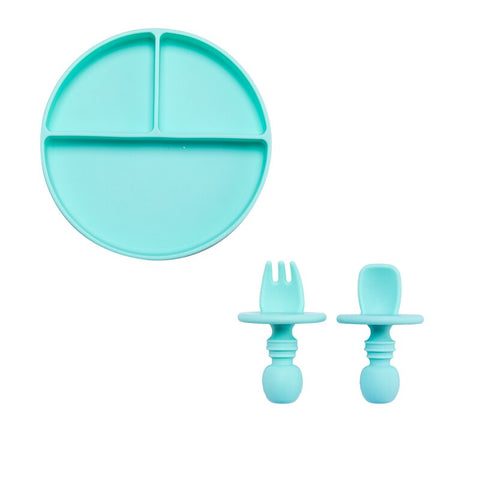 Fashion Solid Silicon Plate Set For Baby Kids Training Feeding Dinnerware Baby Learning Plate Set With Fork Spoon BPA Free