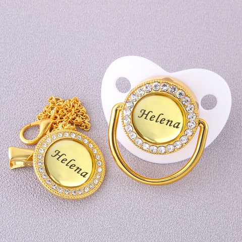 0-18 Months BPA Free Customized Any Name Personalized Golden Bling Pacifier And Clip Luxury Baby Pacifier For Baby Shower Gift
