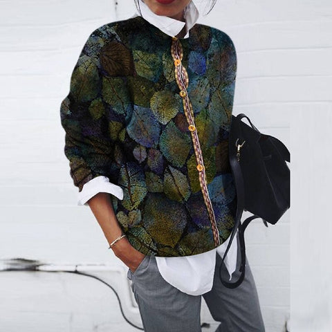 Women Autumn Winter Knitting Blouse Casual Turn-down Collar Buttons Elegant Floral Print Top Loose Streetwear Ladies Blouses 3XL