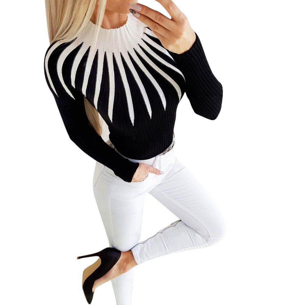 Fashion Bodycon Black White Women Pullover 2021 Autumn Winter Color Matching Knitting Female Turleneck Long Sleeve Sexy Sweater