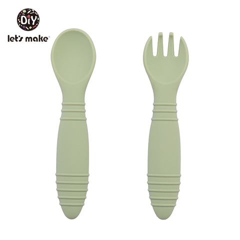 Let&#39;s Make Silicone Baby Feeding Set Waterproof Spoon Fork Non-Slip Feedings Tableware Baby Products Dinnerware For Kid BPA Free
