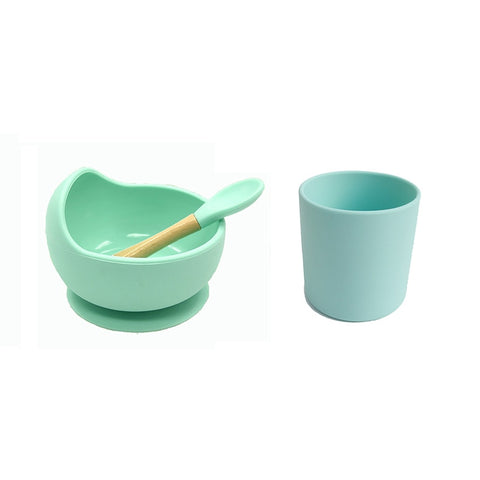 Baby Silicone Dinnerware Silicone Feeding Set Soft Cups BPA Free Wooden Spoon Kids Toddler Suction Bowl Food Grade Tableware