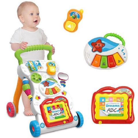 Baby Walker Multifunction Infant Stand-to-Sit Toddler Four Wheels Trolley Kids Learning Walking Toddler Toys Piano Drawing Gift