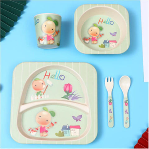 Imebaby5 piece set bamboo tableware bamboo bowl baby feeding plate creative cartoon children bowl / cup / fork spoon gift set
