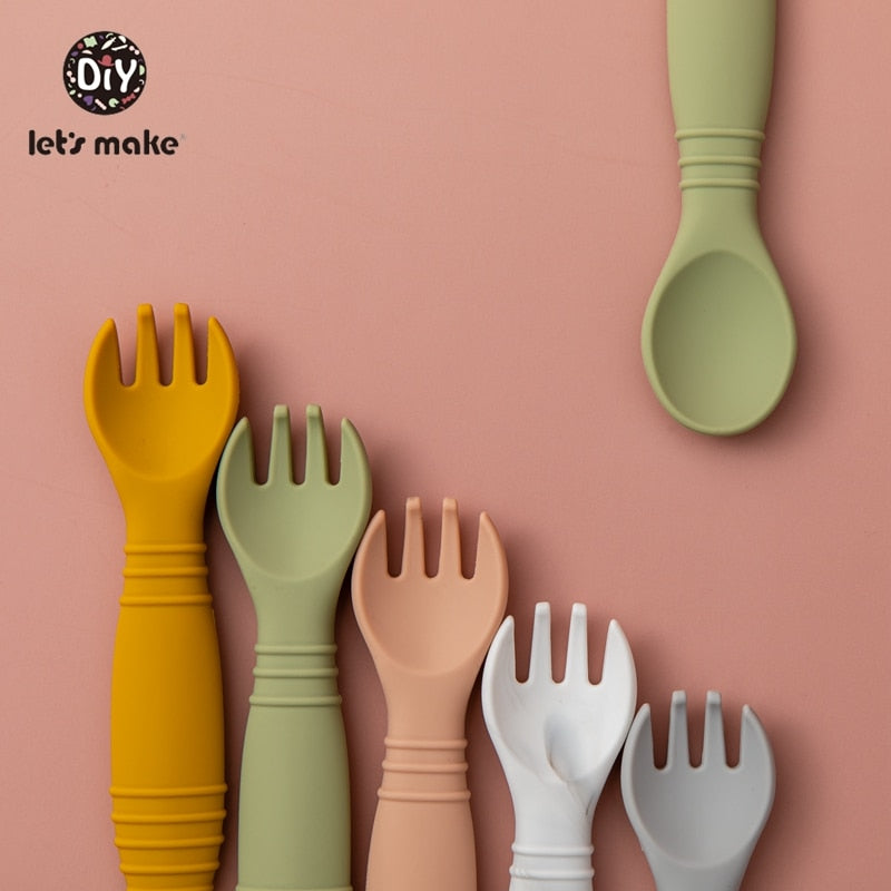 Let&#39;s Make Silicone Baby Feeding Set Waterproof Spoon Fork Non-Slip Feedings Tableware Baby Products Dinnerware For Kid BPA Free