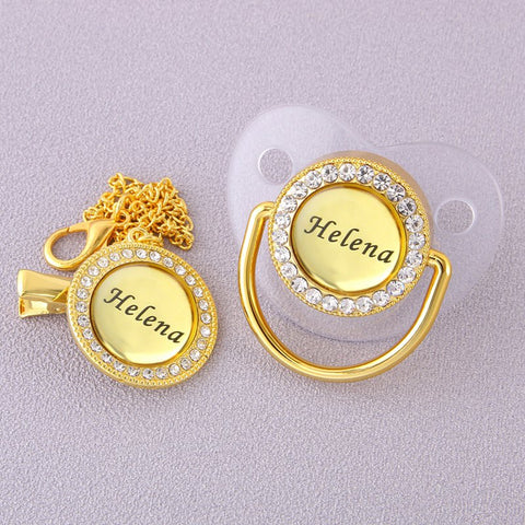 0-18 Months BPA Free Customized Any Name Personalized Golden Bling Pacifier And Clip Luxury Baby Pacifier For Baby Shower Gift