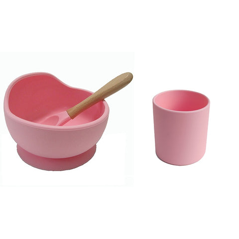 Baby Silicone Dinnerware Silicone Feeding Set Soft Cups BPA Free Wooden Spoon Kids Toddler Suction Bowl Food Grade Tableware