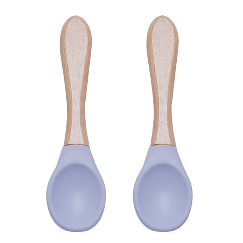 Baby Fork Spoon Silicone Wooden Feeding Spoon Soft Tip Fork BPA Free Food Grade Materia Bamboo Handle Toddlers Gifts