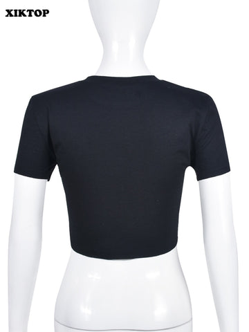 XIKTOP Printed Slit Tshirt Women 2023 Summer Sexy Lace-up Y2K Clothes Casual All-Matching Crop Top Female Streetwear