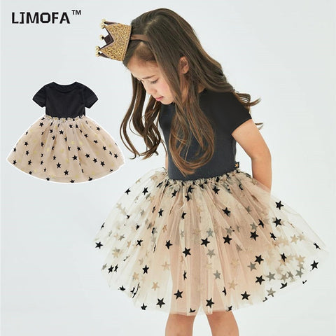 LJMOFA Summer Toddler Girl Dress Princess Cotton Tulle Tutu Dress for 2-6Y Kids Casual Birthday Party Star Shaggy Dress D236