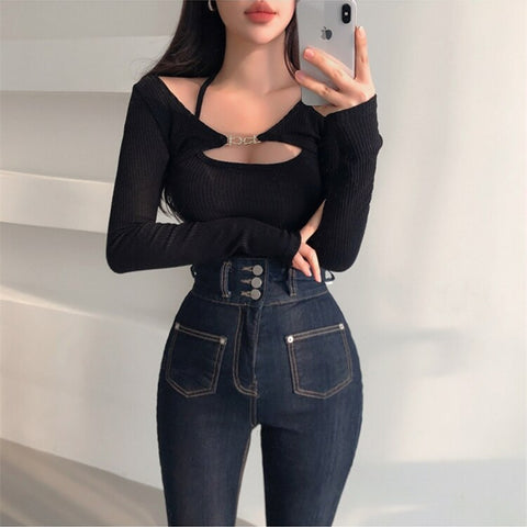 Women Skinny Long Sleeve Blouse T-Shirt Summer Sexy Girl Cutout Crop Top Knitted Chic Detachable Two Piece Tops Streetwear